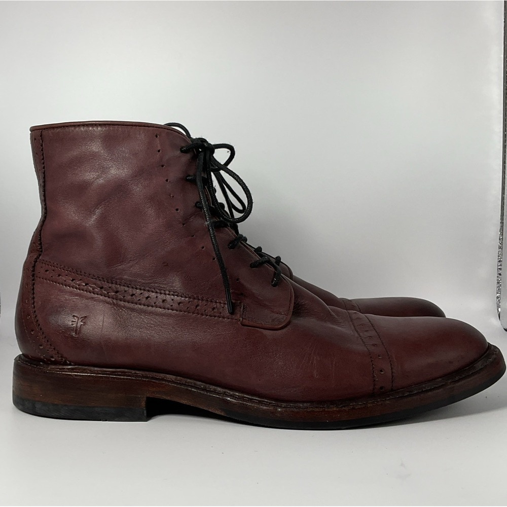 Frye Murray Boots Mens 10.5 Burgundy Cap Toe Leather Chukka Lace Up Brogue